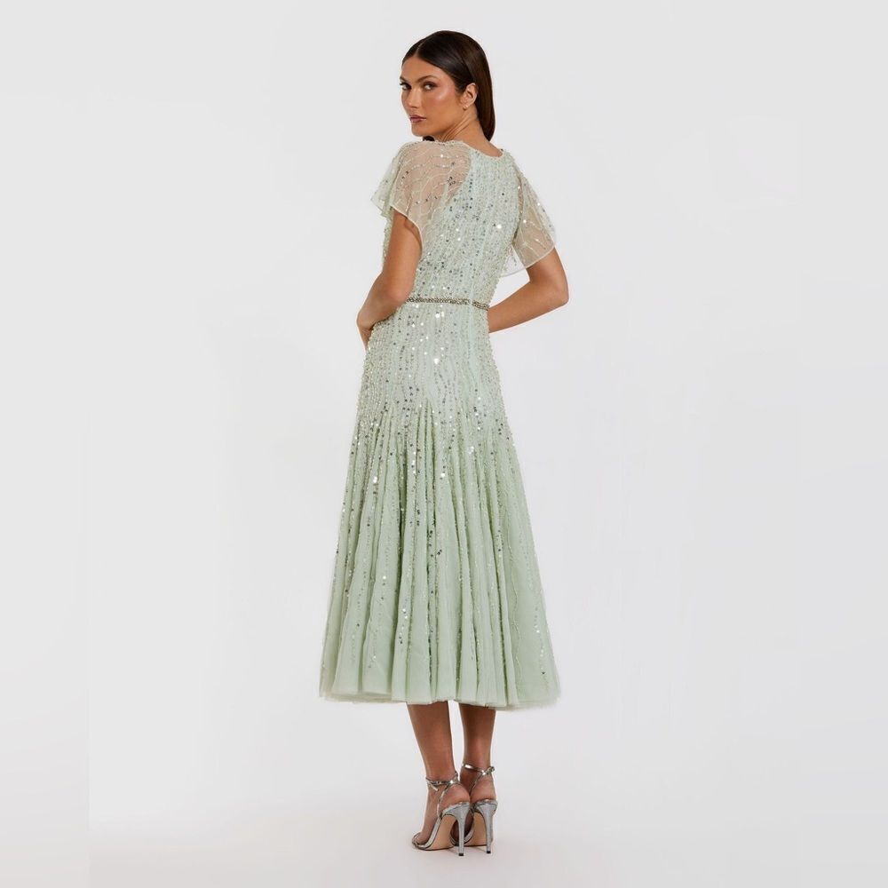 MAC DUGGAL 94128 Green Embellished Bow Flutter Sleeve A Line Midi Dress - Picture 6 of 16